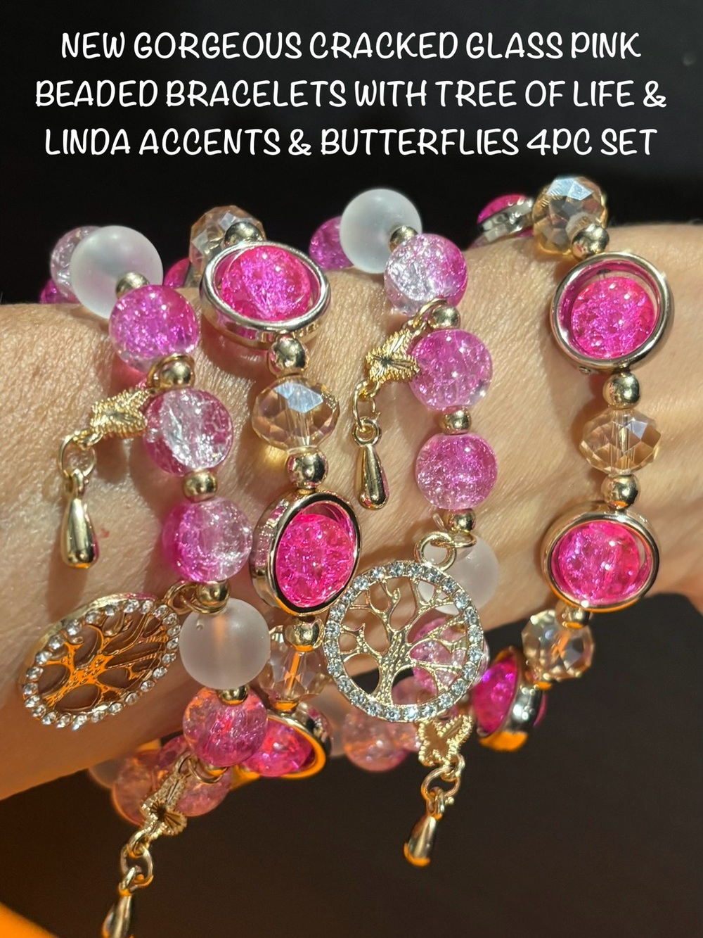 Gorg Pink Cracked Glass Beaded Bracelet Set with Tree of Life & Butterfly Charms
